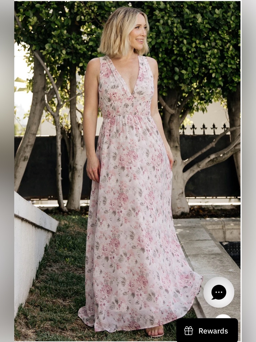 Baltic Born Pink Floral V-Neck Smocked Maxi Dress Size L NWOT